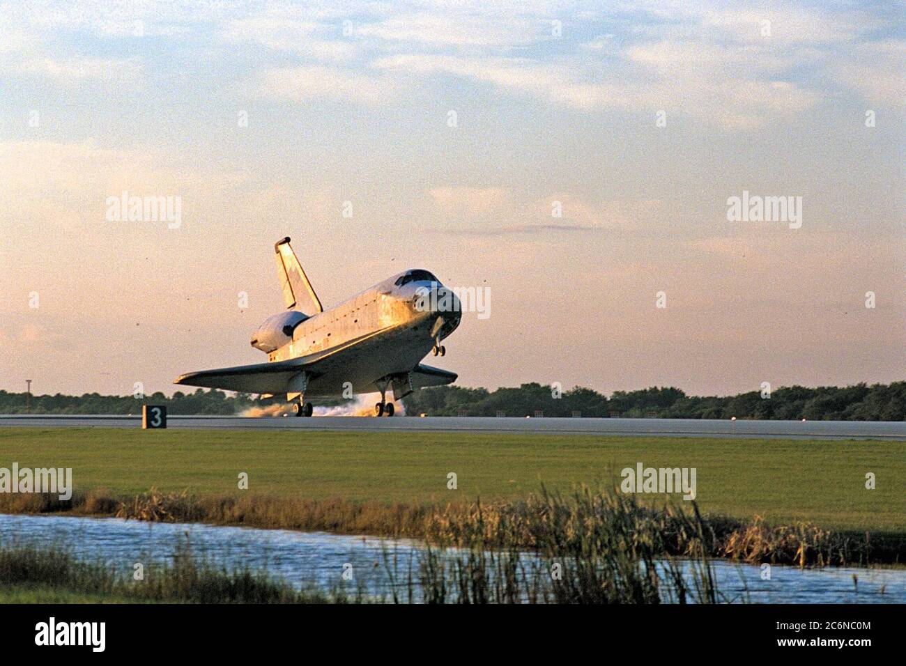 With Commander Kevin Kregel and Pilot Steven Lindsey at the controls, the orbiter Columbia touches its main gear down on Runway 33 at KSC’s Shuttle Landing Facility at 7:20:04 a.m. EST Dec. 5 to complete the 15-day, 16-hour and 34-minute-long STS-87 mission of 6.5 million miles. Also onboard the orbiter are Mission Specialists Winston Scott; Kalpana Chawla, Ph.D.; and Takao Doi, Ph.D., of the National Space Development Agency of Japan; along with Payload Specialist Leonid Kadenyuk of the National Space Agency of Ukraine. During the 88th Space Shuttle mission, the crew performed experiments on Stock Photo