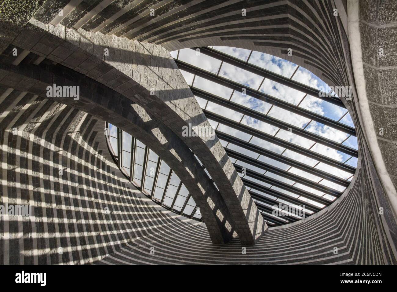 Mogno, Switzerland - June 01, 2018: the Church of San Giovanni Battista by the famous architect Mario Botta, built ii Maggia Valley (Val Lavizzara) a Stock Photo