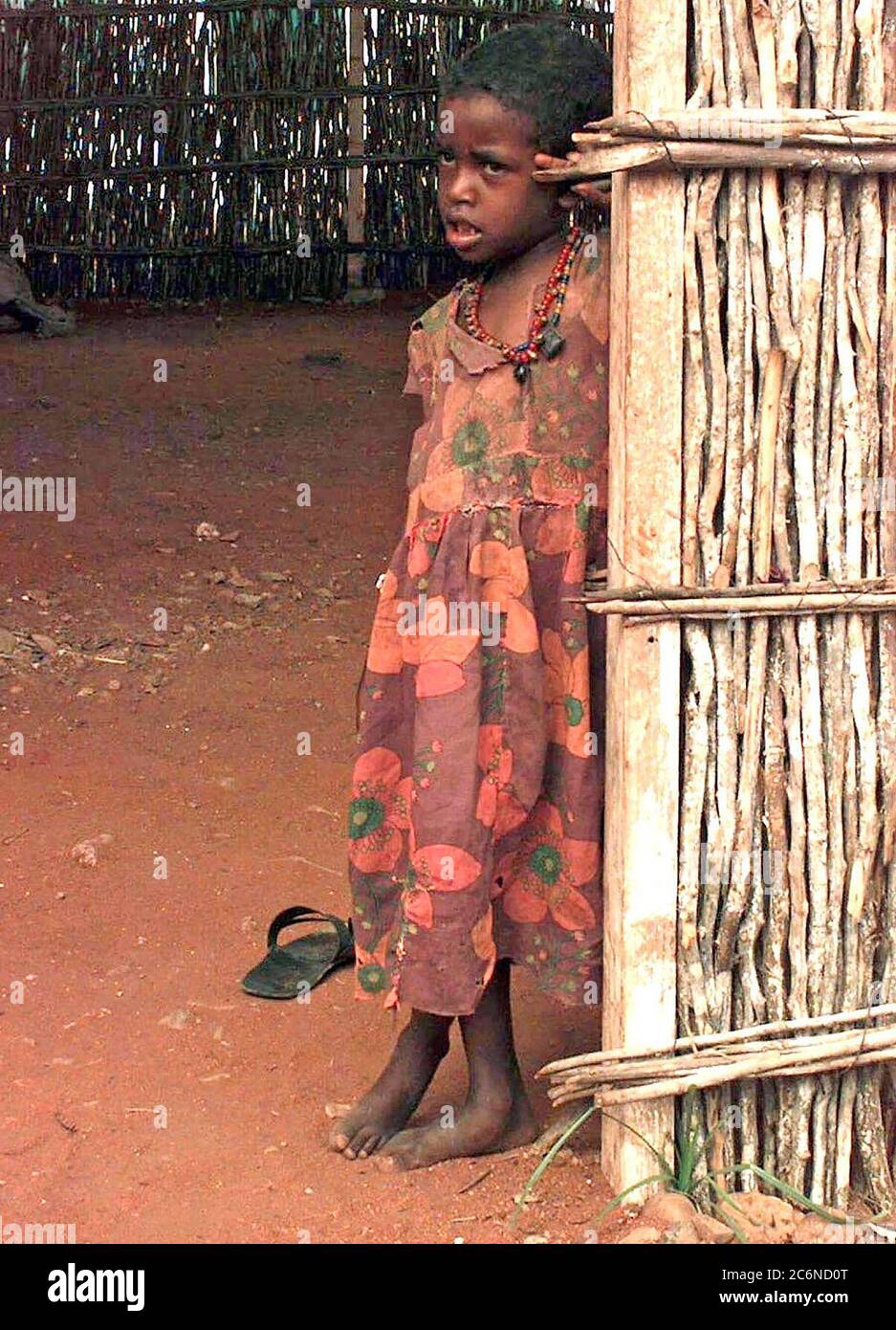 1992 - Straight on, medium close-up of a Somali girl, approximately six or seven years old.  She wears a flowered dress and leans against the entrance to a bamboo hut with a dirt floor. Stock Photo