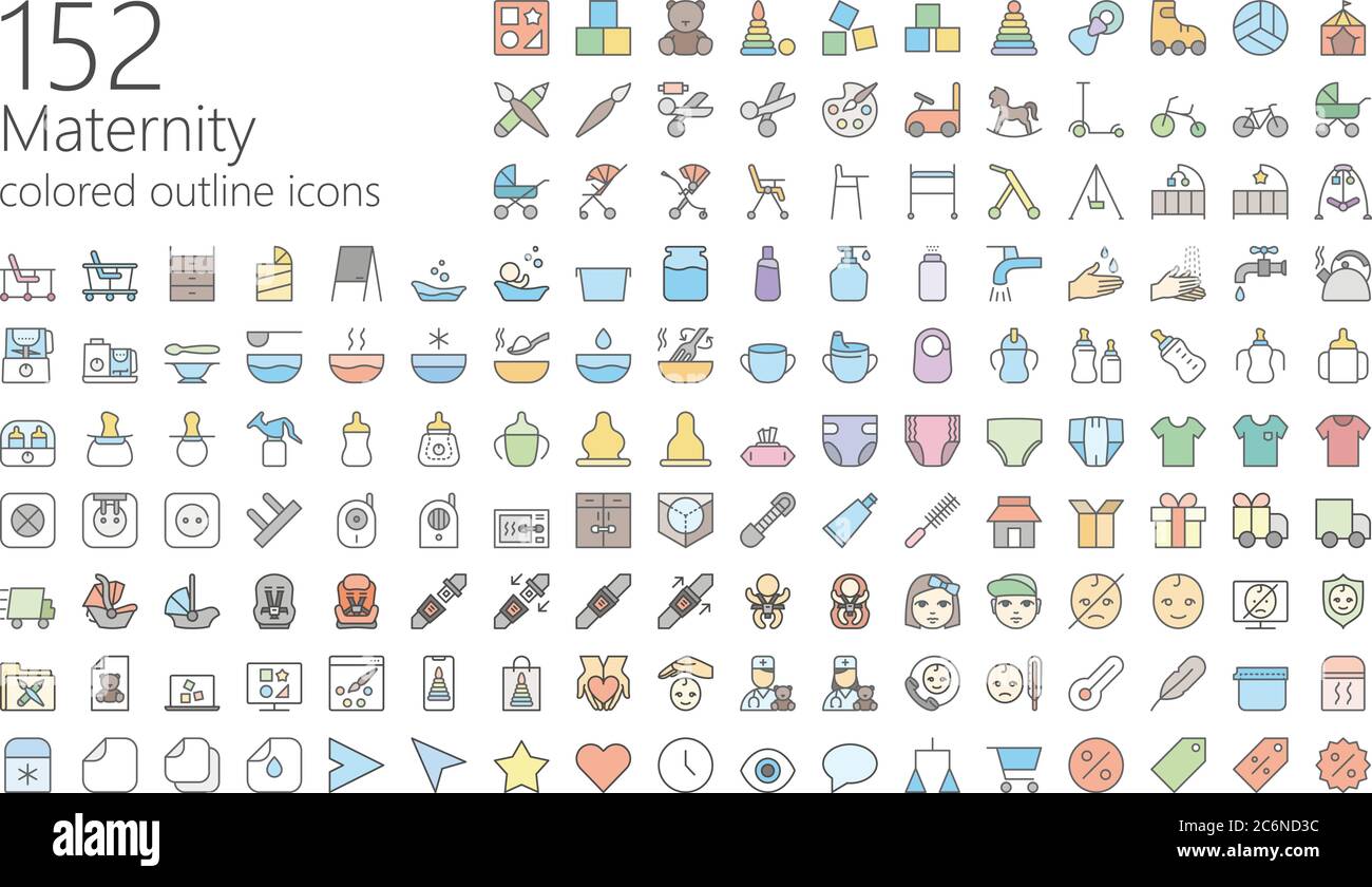 152 maternity colored outline icons for web, mobile app, presentations and other Stock Vector