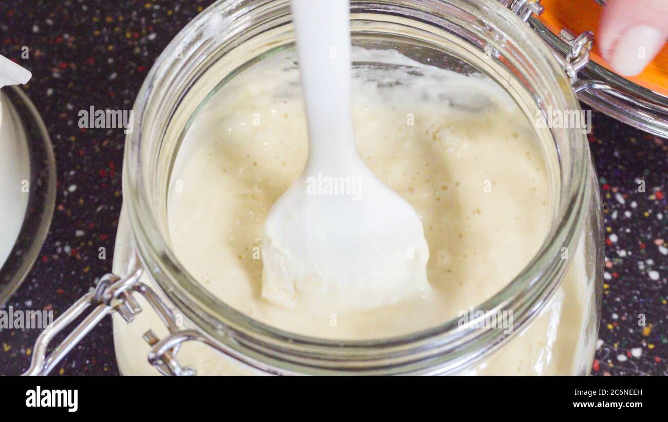 Feeding sourdough starter with water and flour Stock Photo Alamy