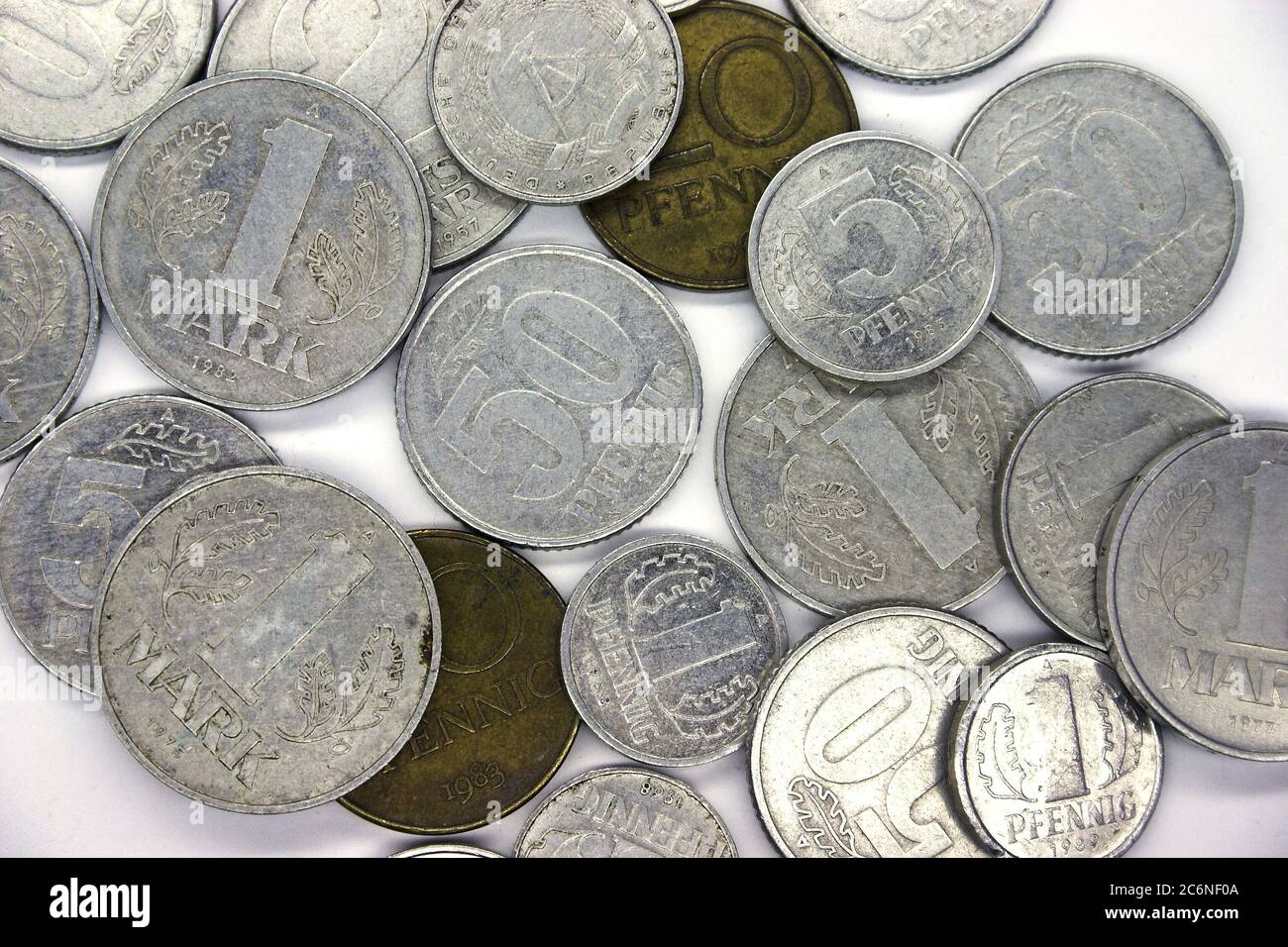 Collection of various old coins of the former German Democratic Republic, GDR, Marks and Pennies Stock Photo