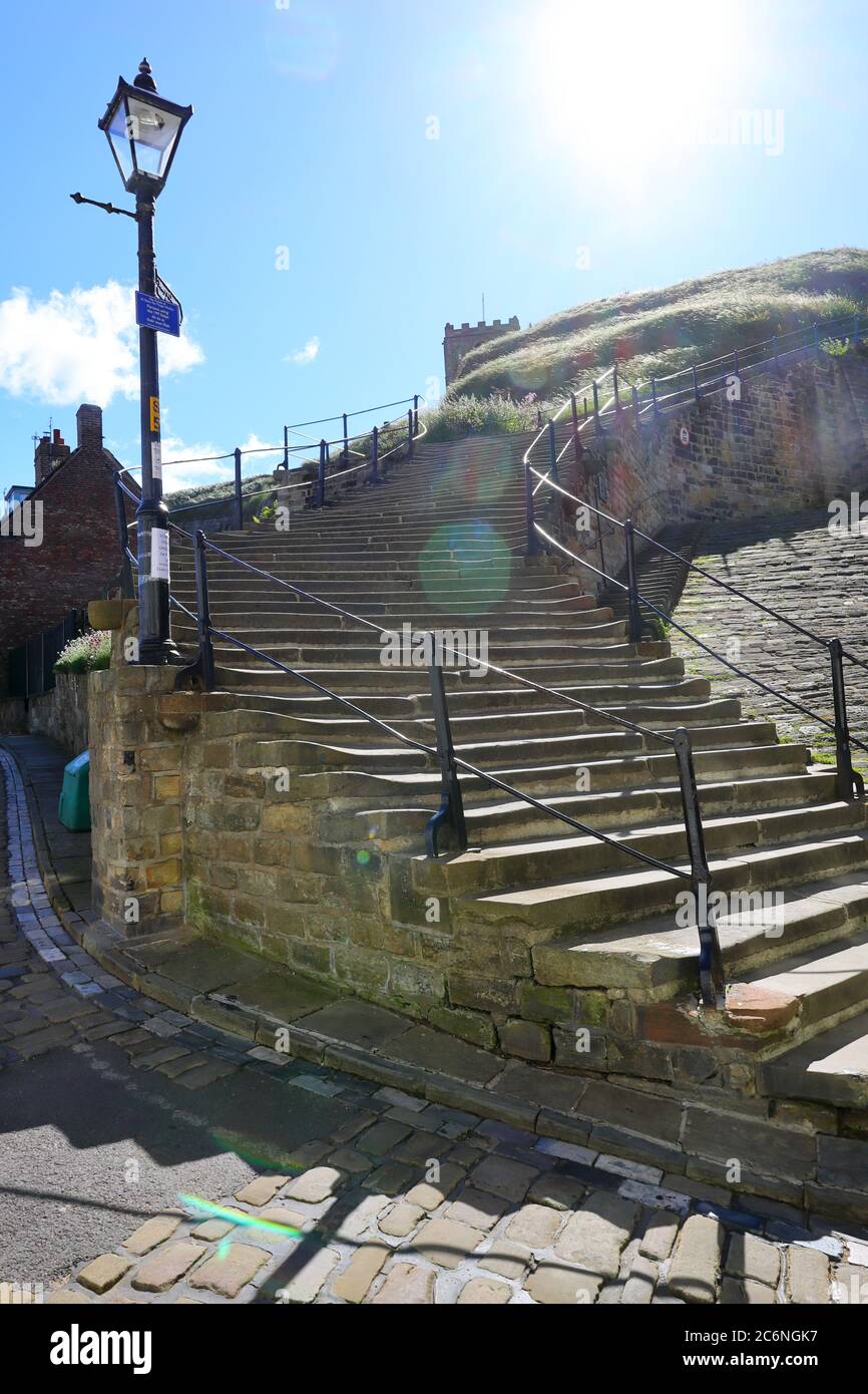 The Famous 199 steps to Whitby Abbey with Blue Sky background, North ...