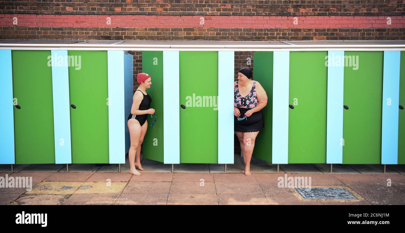 Swimmers at Charlton Lido & Lifestyle Club in Hornfair Park, London. Outdoor swimming pools are reopening to the public on Saturday as the easing of coronavirus lockdown restrictions continues in England. Stock Photo