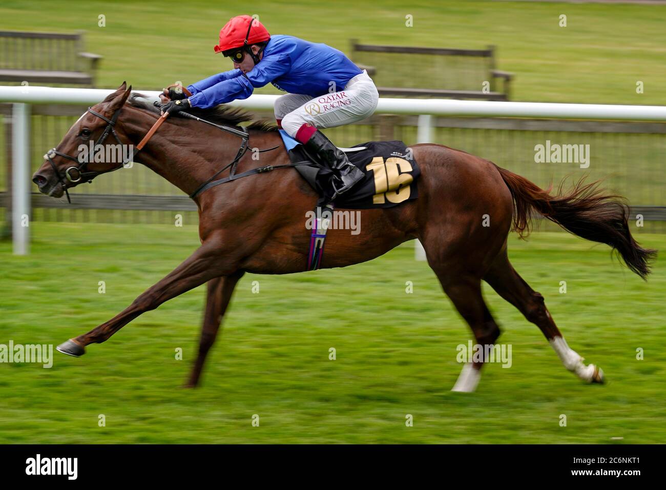 Jockey Oisin Murphy riding Stunning Beauty to win The bet365 Novice Stakes on day three of The Moet and Chandon July Festival at Newmarket Racecourse. Stock Photo