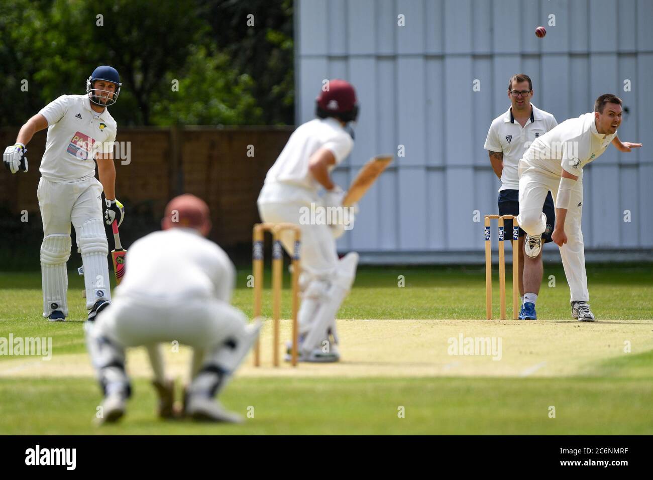 Action during the match between Pershore CC and Stratford-upon-Avon CC at the The Bottoms, home of Pershore Cricket Club, Worcestershire. Stock Photo