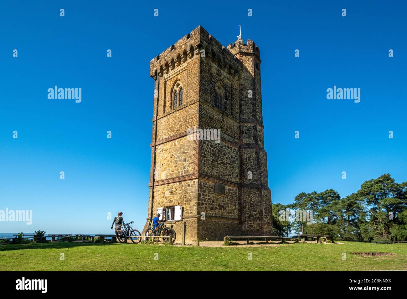 Cyclists at Leith Hill Tower, Surrey, England, UK, during summer Stock Photo