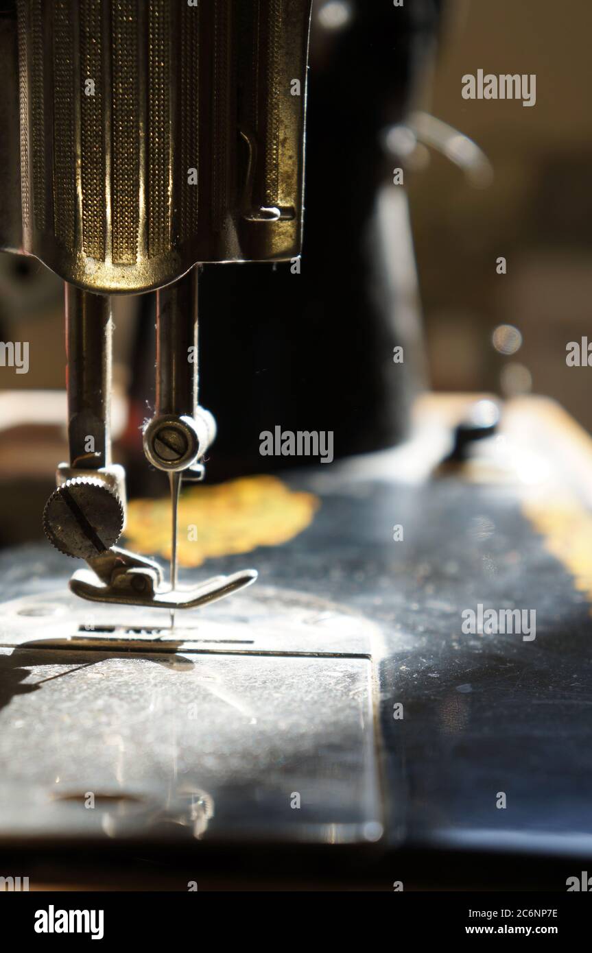 Old vintage sewing machine, selective focus Stock Photo