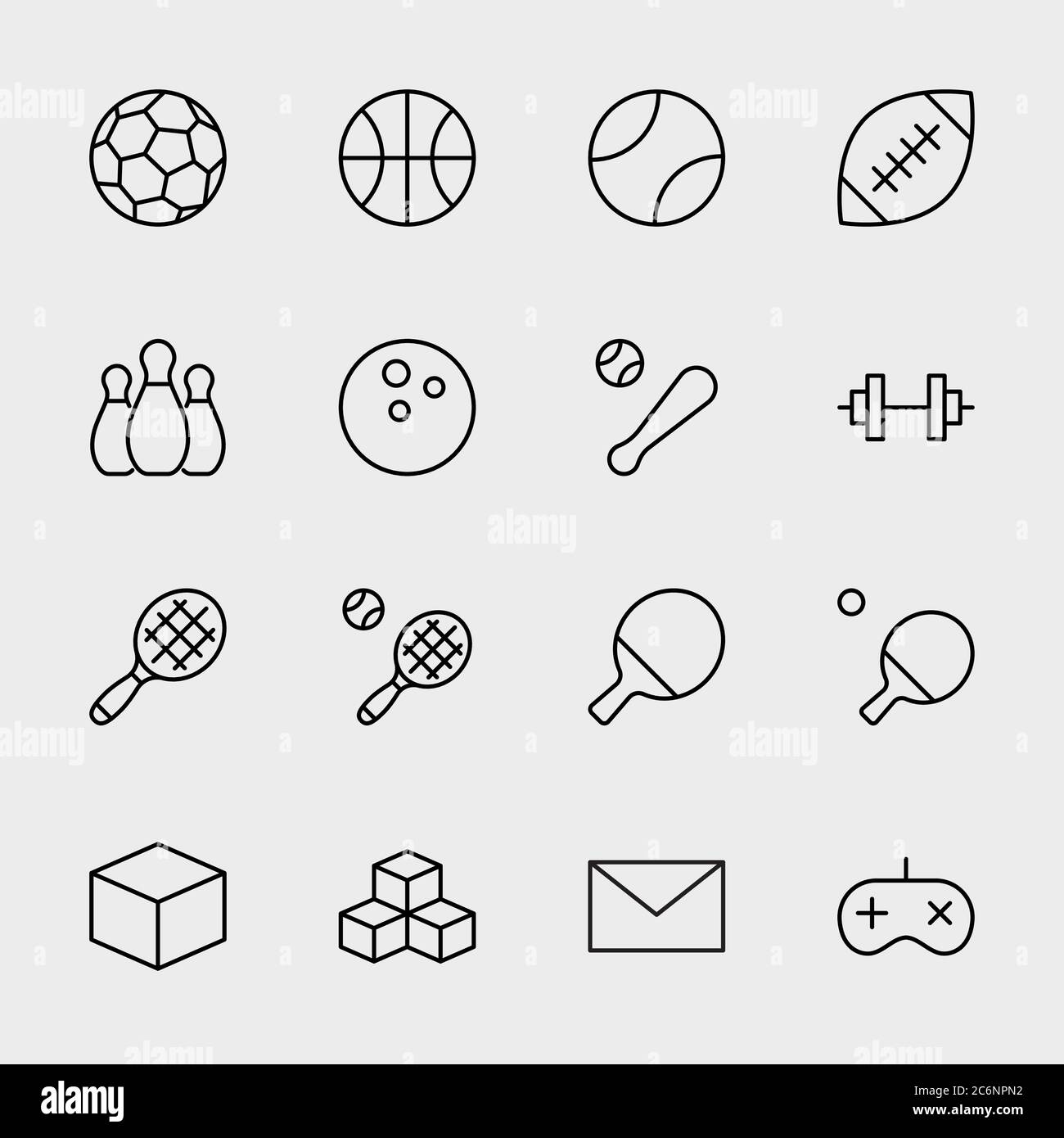 Sports Balls Icons, Hobbies, Football Basketball Bowling Tennis. Editable Stroke Stock Vector