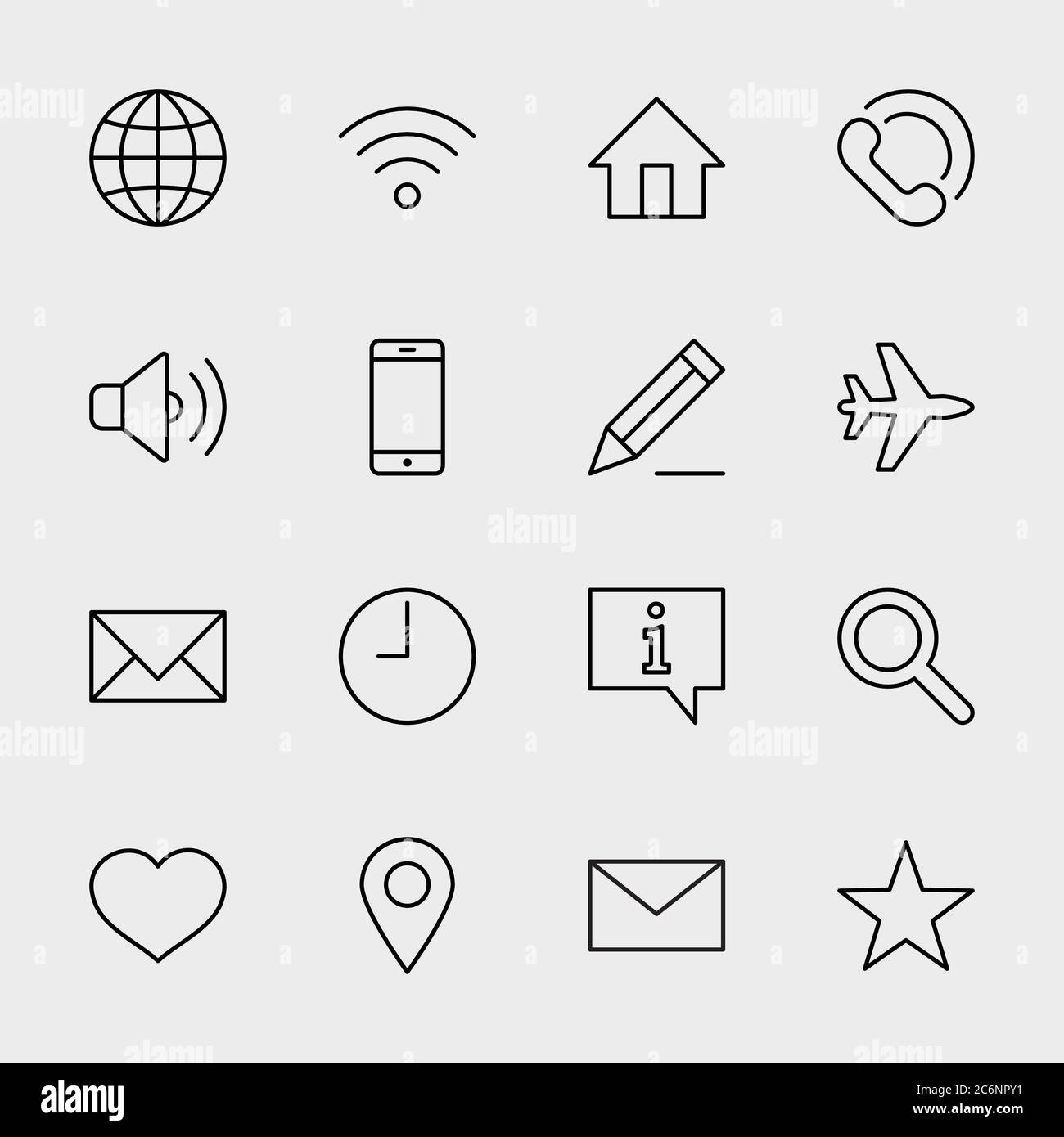 Web Line Icons. Icon Globe, Wi-fi, Home, Heart, Phone Time Star. Editable Stroke Stock Vector