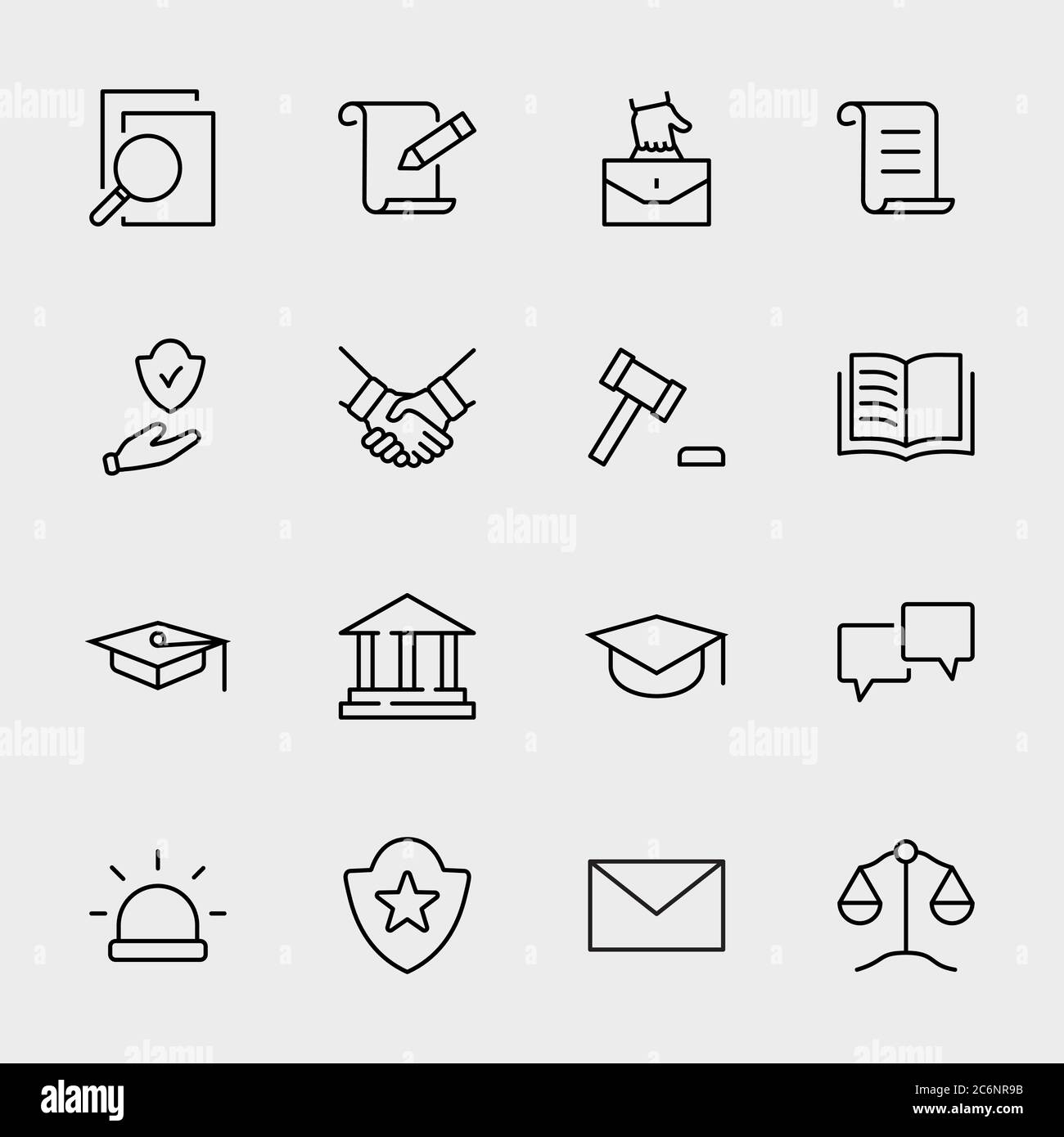 Law justice Line Icons. Icons as weapon, arrest, authority. Editable stroke Stock Vector