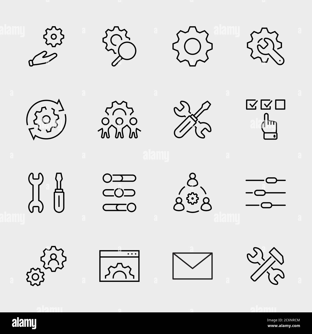 Settings Setup Line Icons. Gear Setting Control Options Service. Editable Stroke Stock Vector