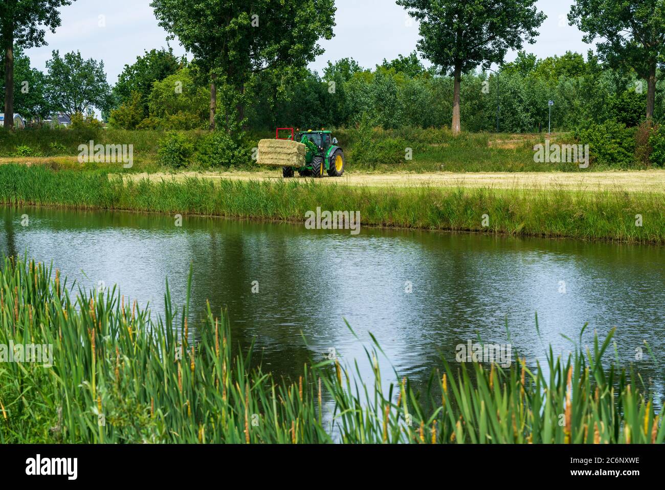 Dordrecht, Netherlands - June 1 2020: Green tractor loading bales of hay onto a trailer in rural countryside.The Biesbosch National Park is one of the largest national parks of the Netherlands Stock Photo