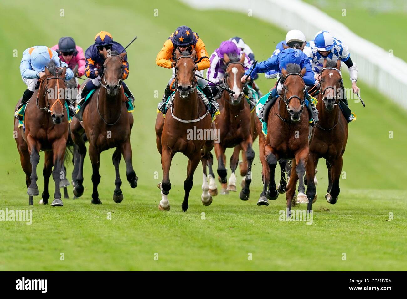 Master Of The Seas ridden by William Buick win The bet365 Superlative Stakes on day three of The Moet and Chandon July Festival at Newmarket Racecourse. Stock Photo