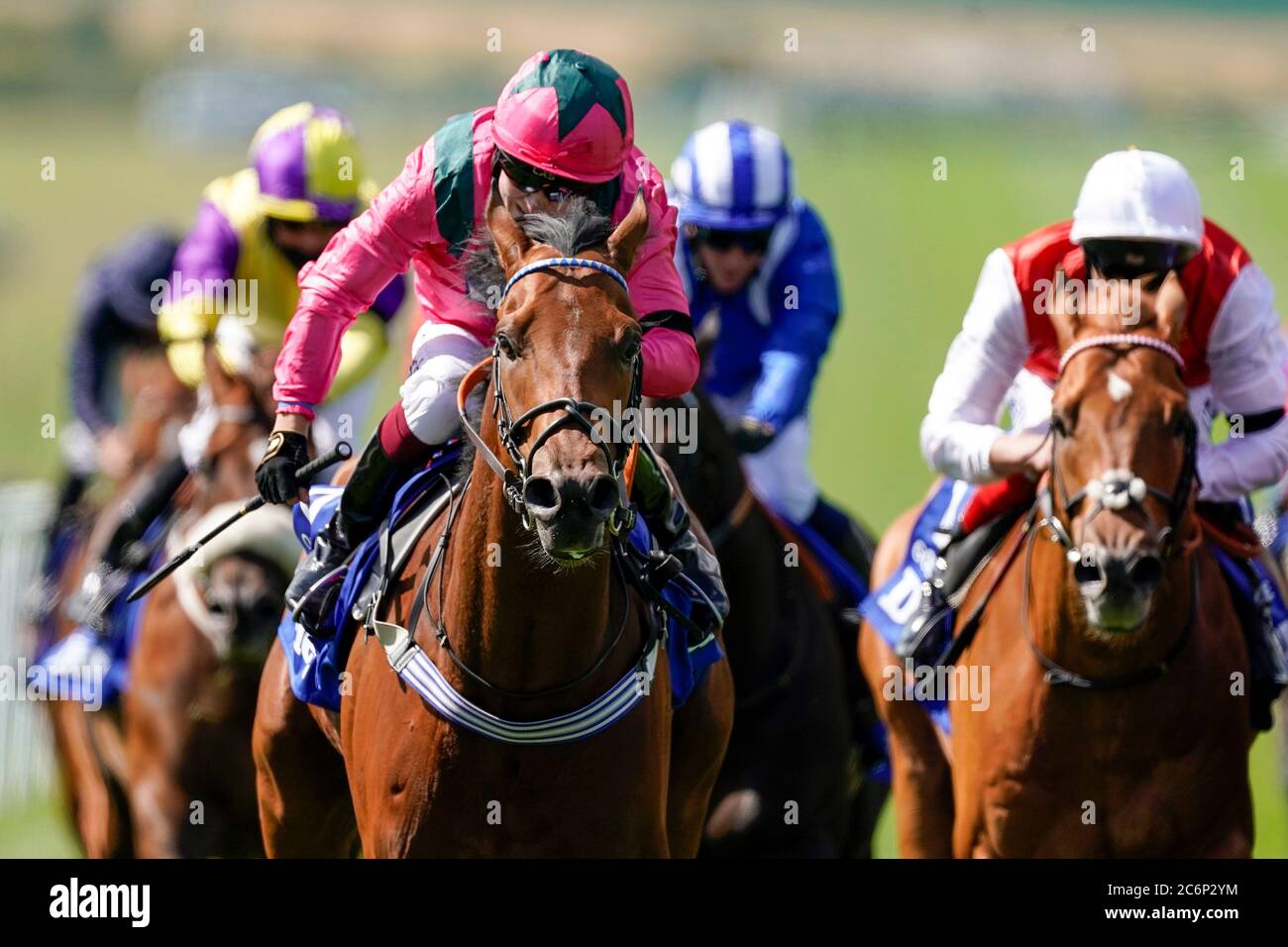Oxted ridden by Cieren Fallon win The Darley July Cup Stakes at Newmarket on day three of The Moet and Chandon July Festival at Newmarket Racecourse. Stock Photo