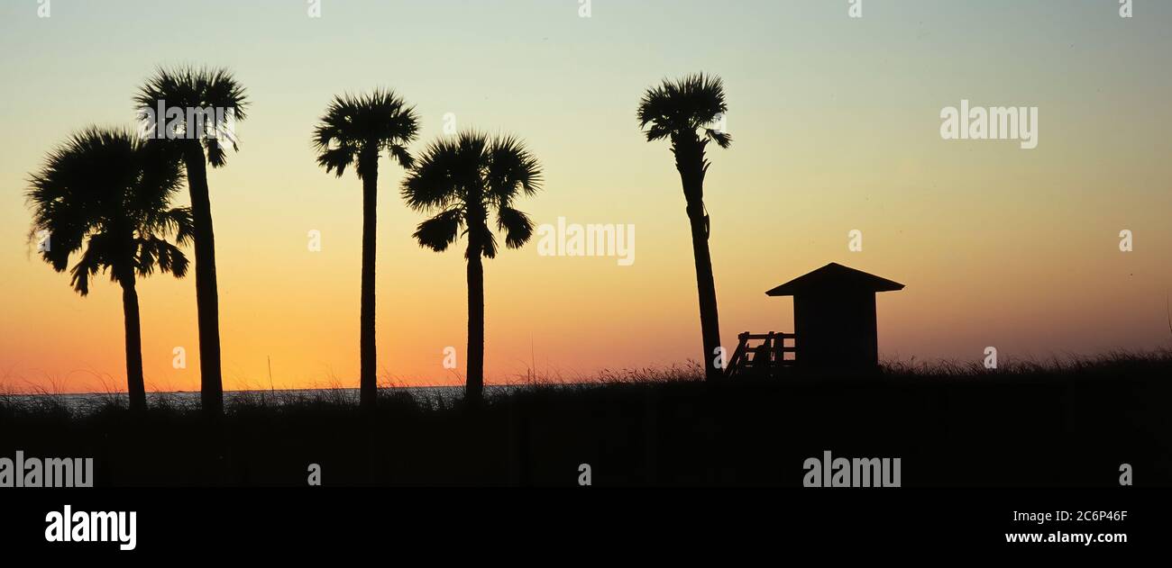 Palm trees and lifeguard stand silhouetted aganist a sunset sky on the Gulf Coast of Florida in the United States Stock Photo