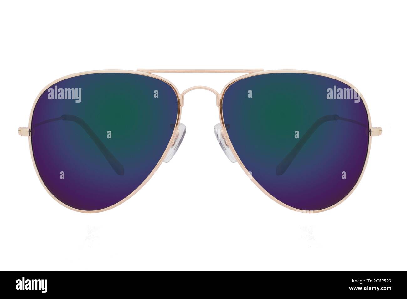 Sunglasses with a gold frame and green lens isolated on white ...