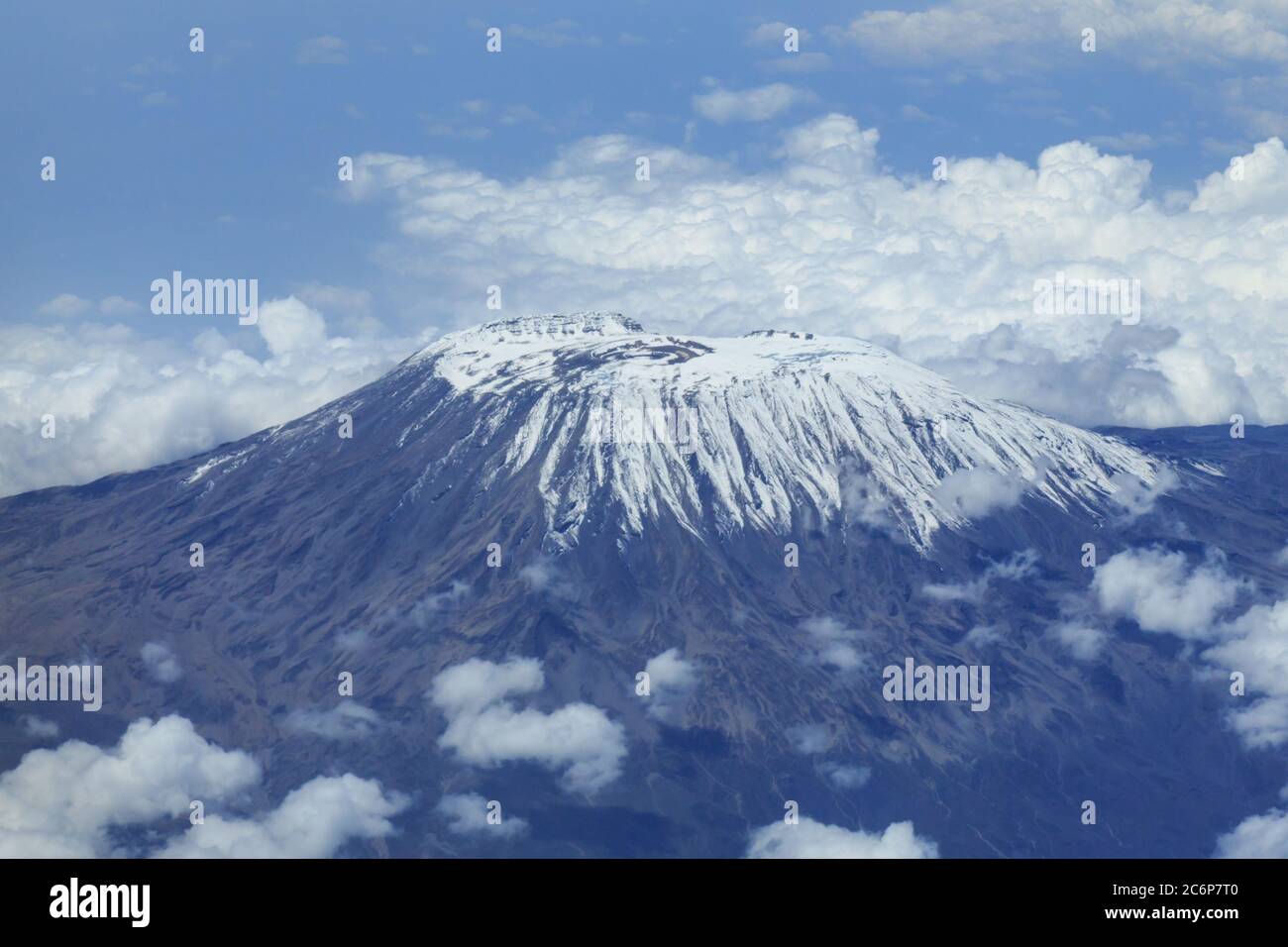 An aerial view of Mount Kilimanjaro, taken from the flight deck of an airplane Stock Photo