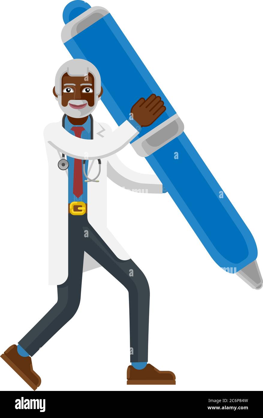 Mature Black Doctor Man Mascot Holding Pen Concept Stock Vector