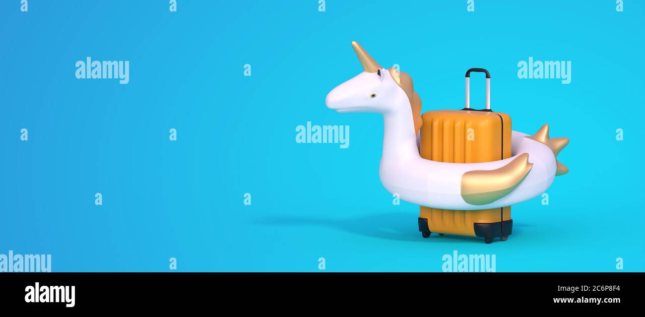 Suitcase with unicorn buoy on blue background 3D rendering Stock Photo