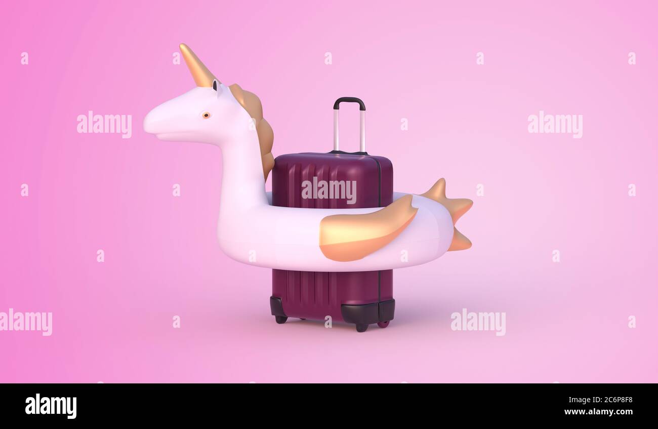 Suitcase with unicorn buoy on pink background 3D rendering Stock Photo