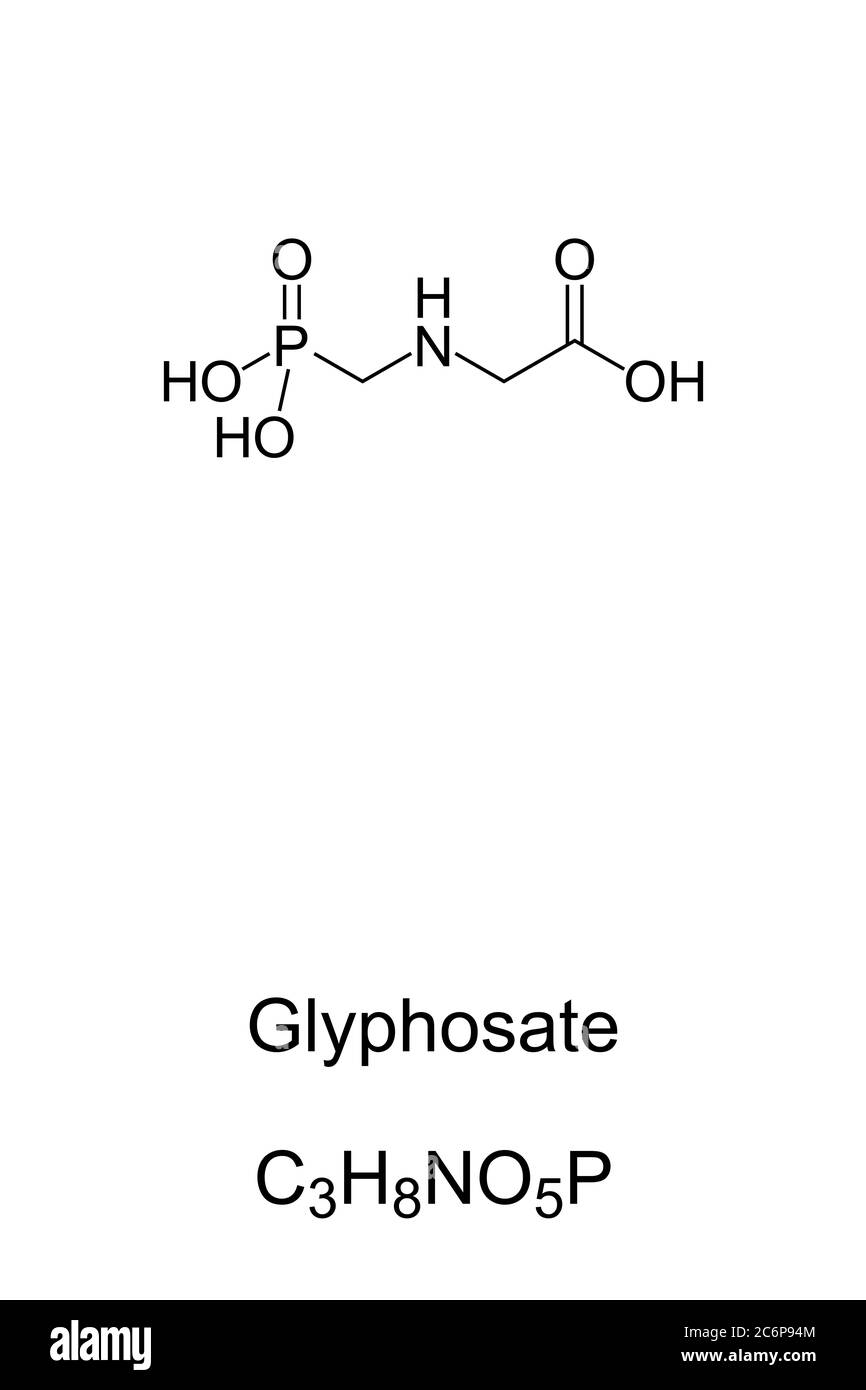 Glyphosate, chemical structure and formula. A broad-spectrum systemic herbicide and crop desiccant, used to kill annual broadleaf weeds and grasses. Stock Photo