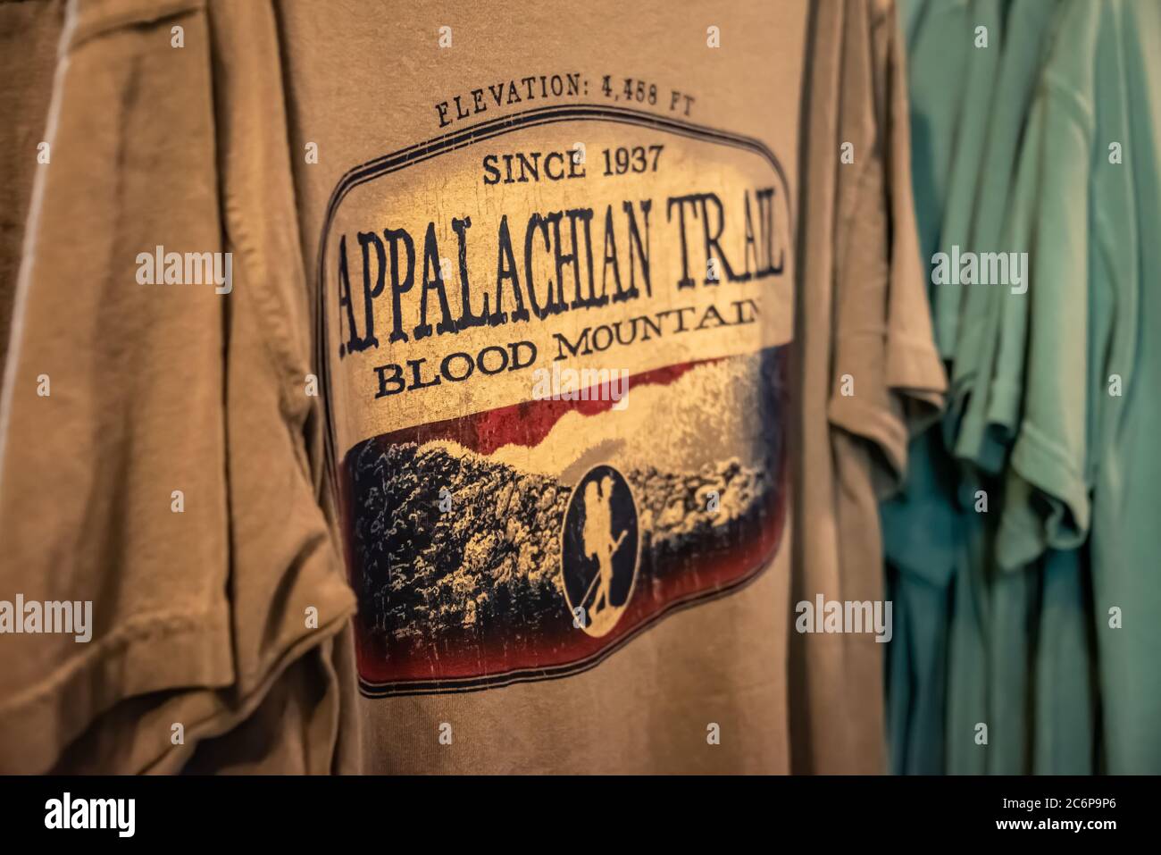 Appalachian Trail / Blood Mountain t-shirts at Mountain Crossings at Walasi-yi on the Appalachian Trail at Neels Gap in Blairsville, Georgia. (USA) Stock Photo