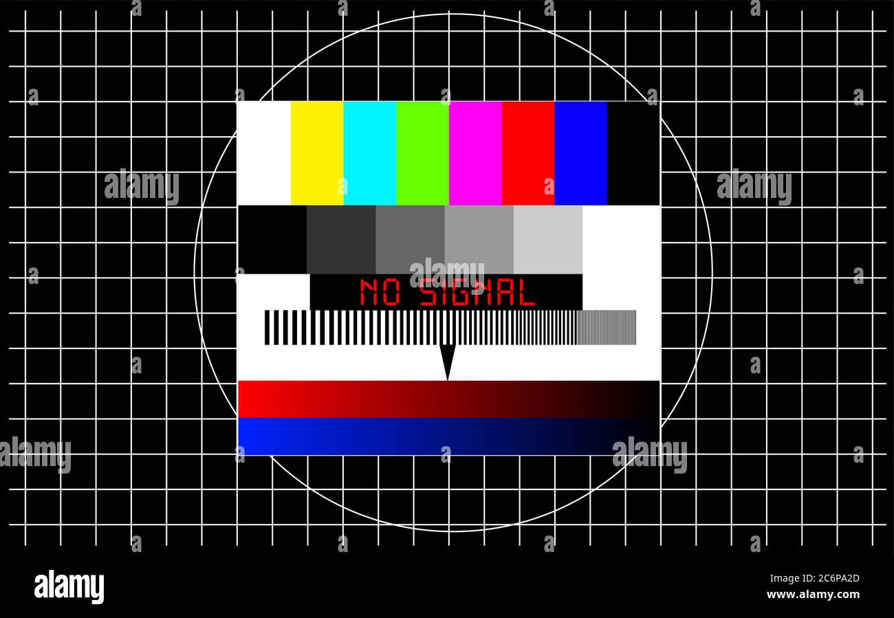 TV test pattern with caption no signal, offline, disturbance, error sign, concept,metaphor, vector Stock Vector