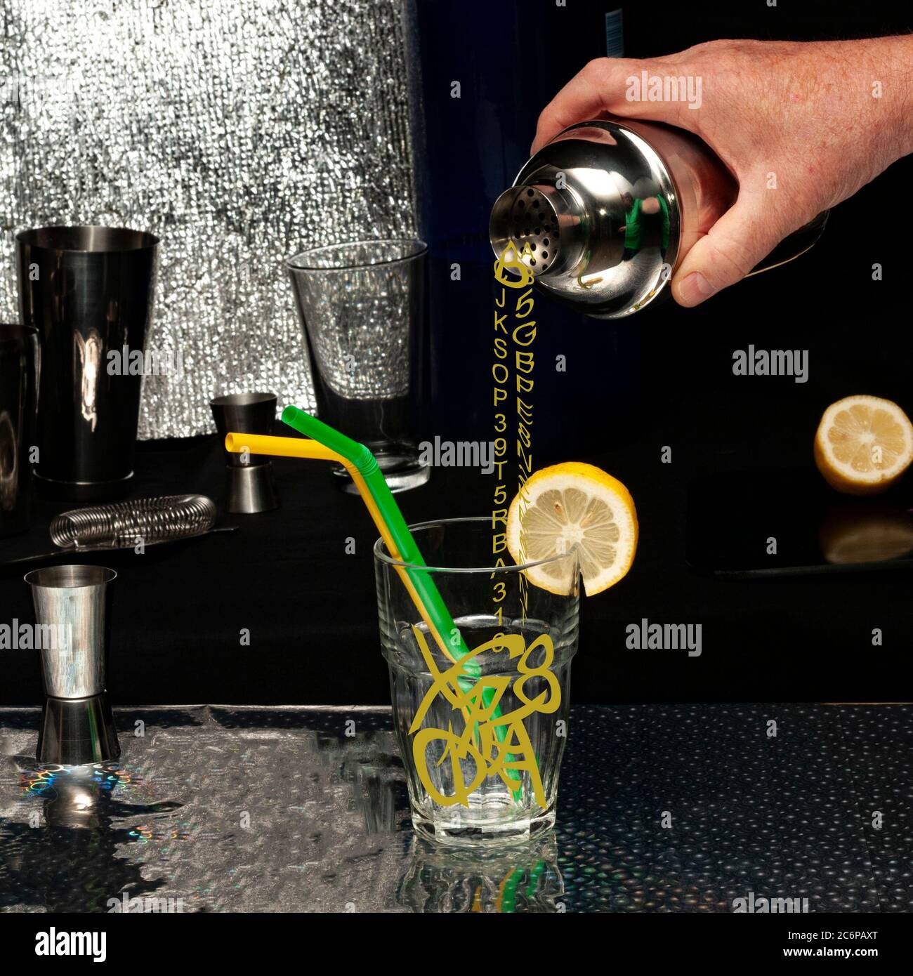 Imaginative cocktail with a lot of words in a bar set up and real bar