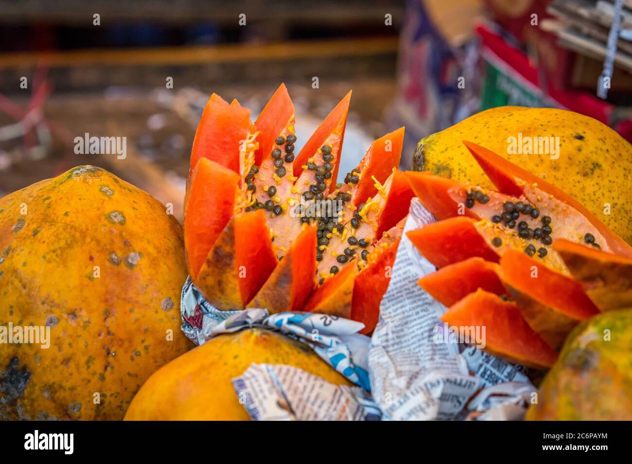 Papaya fruit India cut open at Agra market, India Stock Photo Alamy