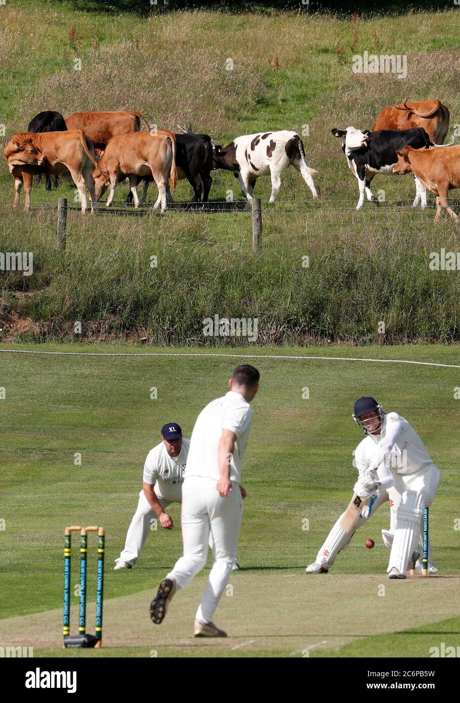 Newtown Linford, Leicestershire, UK. 11th July 2020. Newtown Linford Cricket Club play Oakham after the UK government relaxed coronavirus pandemic lockdown restrictions for several outdoor activities. Credit Darren Staples/Alamy Live News. Stock Photo