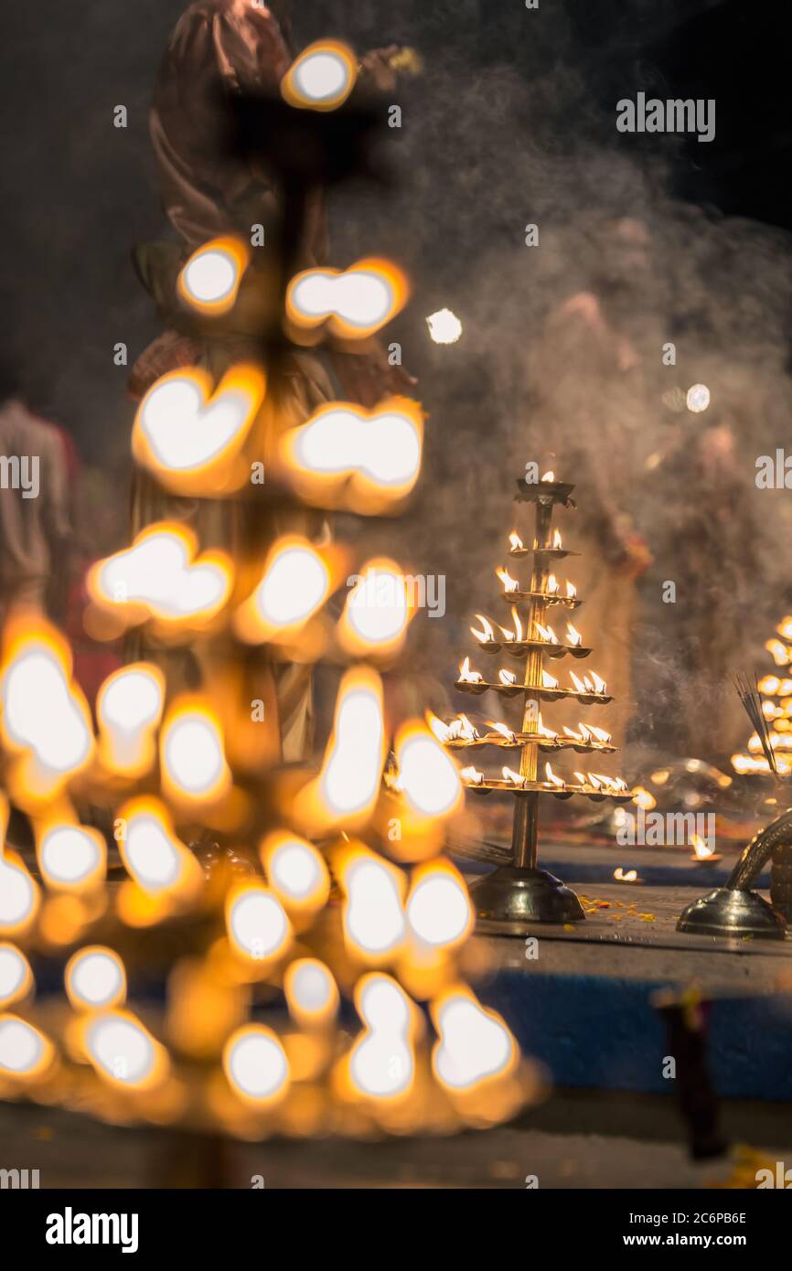 Candles used in performance of religious Ganga Aarti ritual fire puja ...