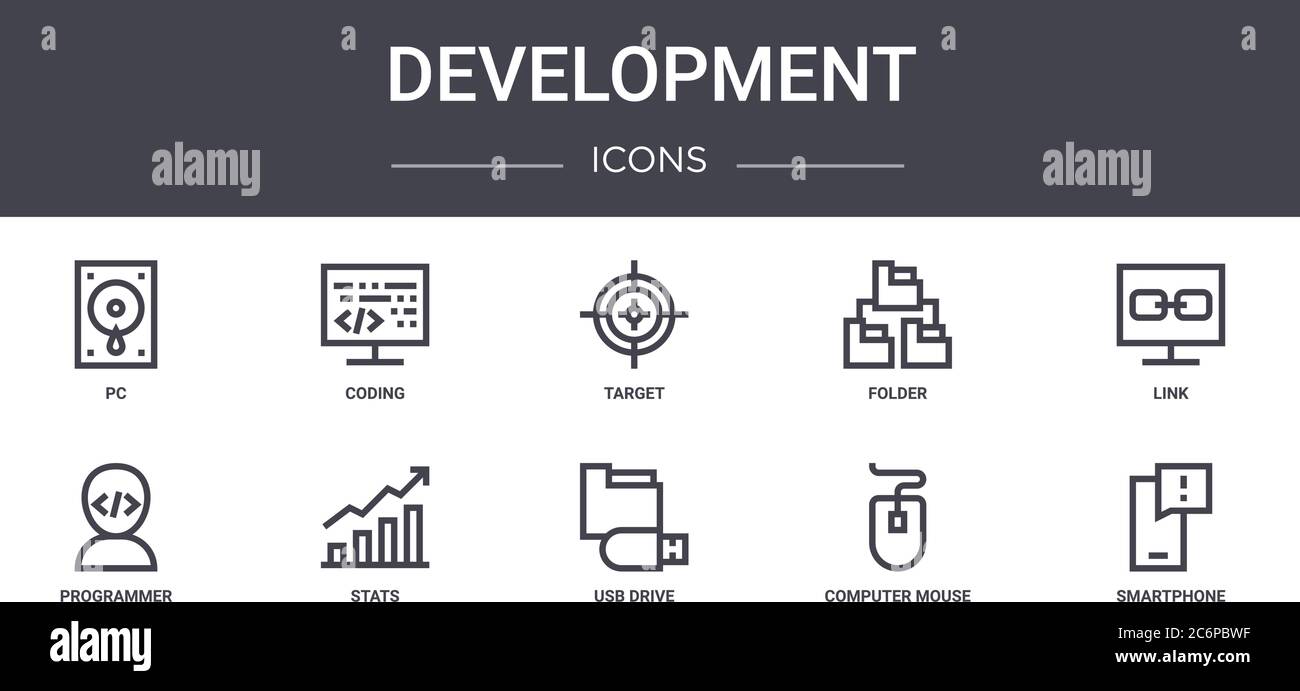 development concept line icons set. contains icons usable for web, logo, ui/ux such as coding, folder, programmer, usb drive, computer mouse, smartpho Stock Vector