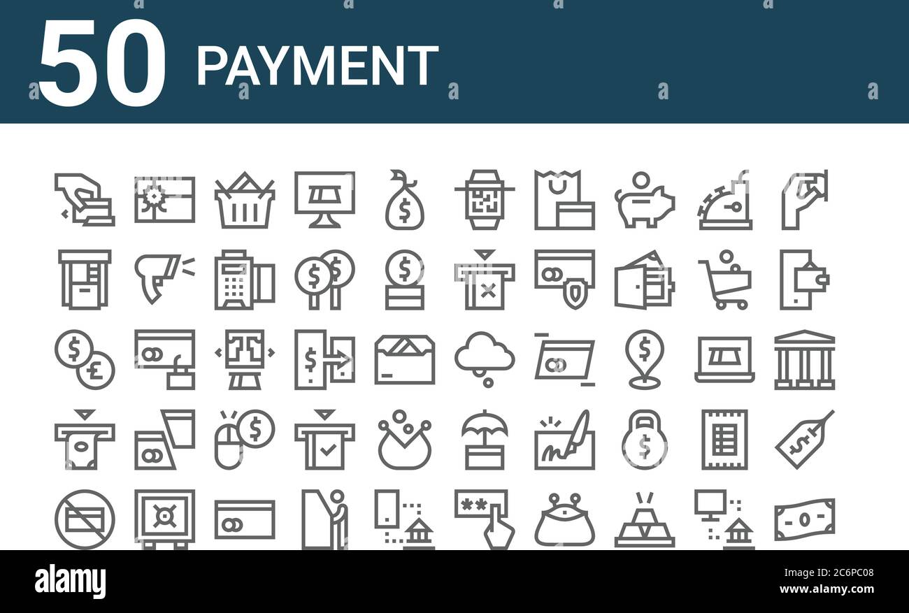 set of 50 payment icons. outline thin line icons such as money, no cit