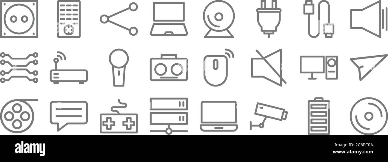 technology line icons. linear set. quality vector line set such as disc, cctv, server, cinema reel, computer, microphone, sound, web cam, remote Stock Vector