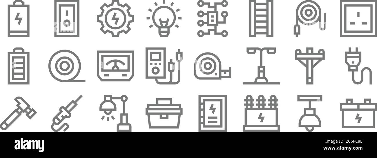 electrician tools and line icons. linear set. quality vector line set such as accumulator, transformer, toolbox, hammer, electric pole, voltmeter, pow Stock Vector