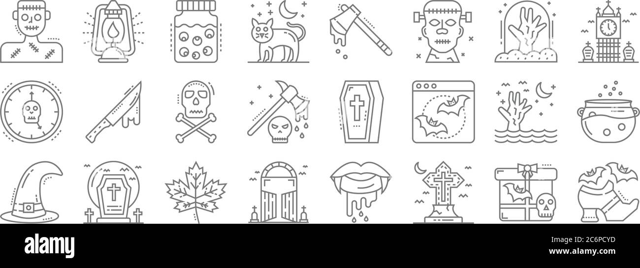 spooky halloween line icons. linear set. quality vector line set such as halloween, graveyard, gate, witch hat, drowning, danger, graveyard, axe, lant Stock Vector