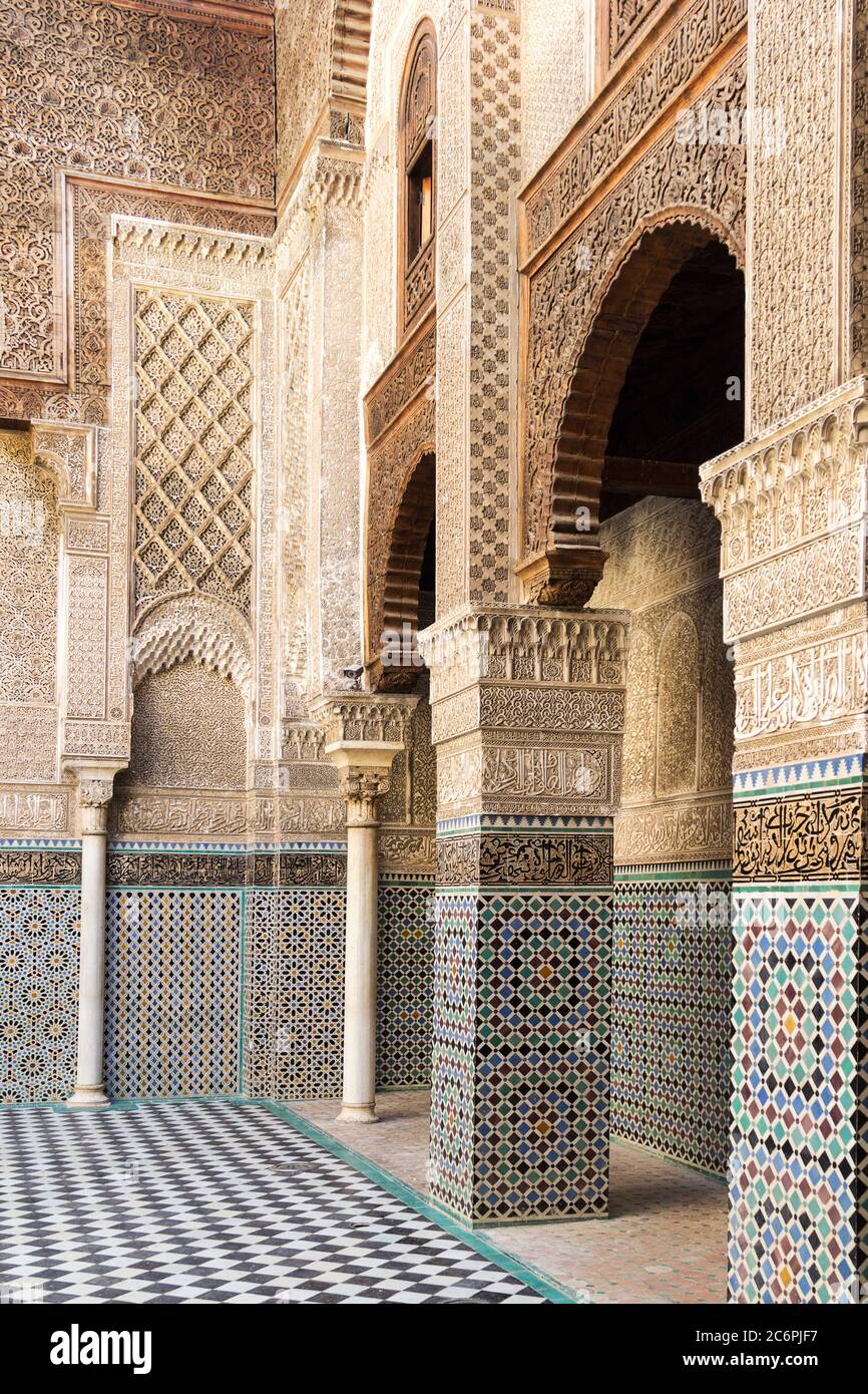 Fez, Morocco - February 23, 2019:  Interior of the Madrasa Bou Inania - ancient institute for higher education. It is famous for its Marinid architect Stock Photo