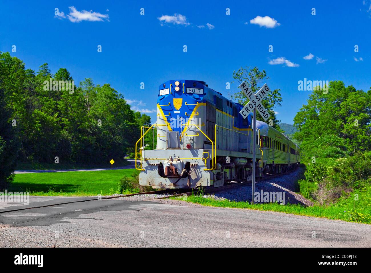 Catskill Mountain Railroad at a road cossing in New York's Catskill Mountains Stock Photo