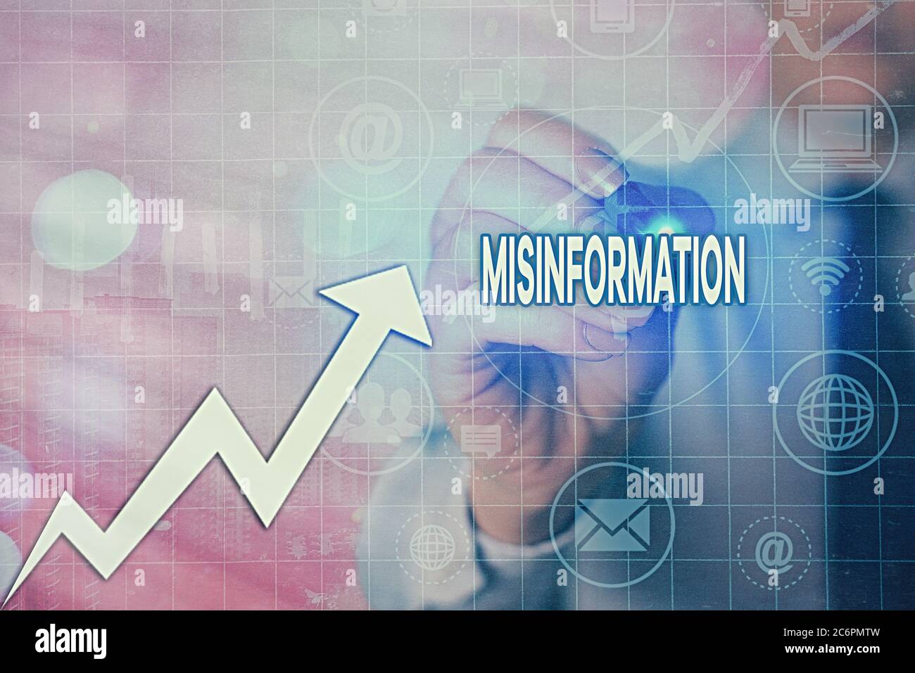Writing note showing Misinformation. Business concept for false data, in particular, intended intentionally to deceive Arrow symbol going upward showi Stock Photo