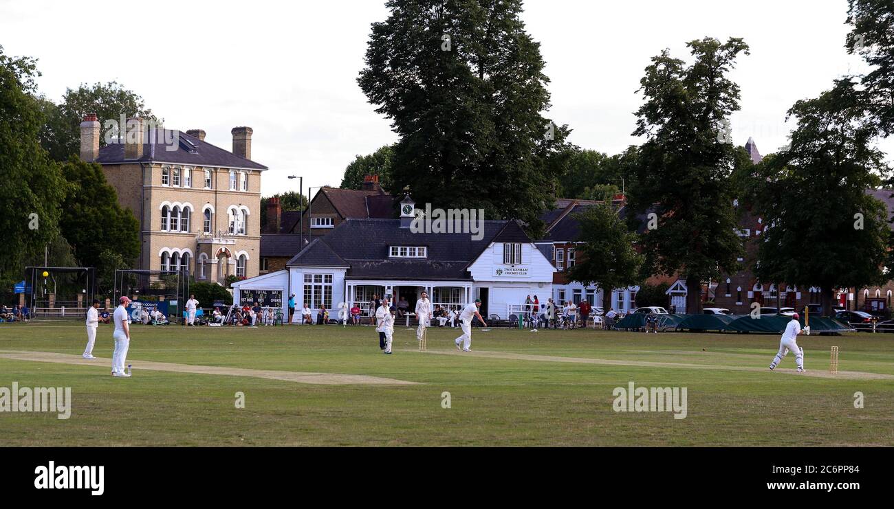 London, UK. 11th July 2020 Recreational cricket returns after the lockdown due to Covid-19. Twickenham Cricket club play East Molesey on Twickenham Green, West London. Andrew Fosker / Alamy Live News Stock Photo