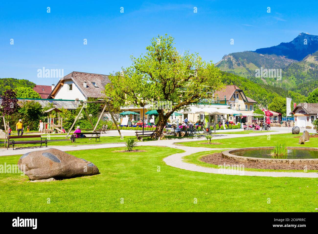 ST. GILGEN, AUSTRIA - MAY 17, 2017: Public park in St Gilgen village, Salzkammergut region of Austria. St Gilgen located at Wolfgangsee Lake. Stock Photo