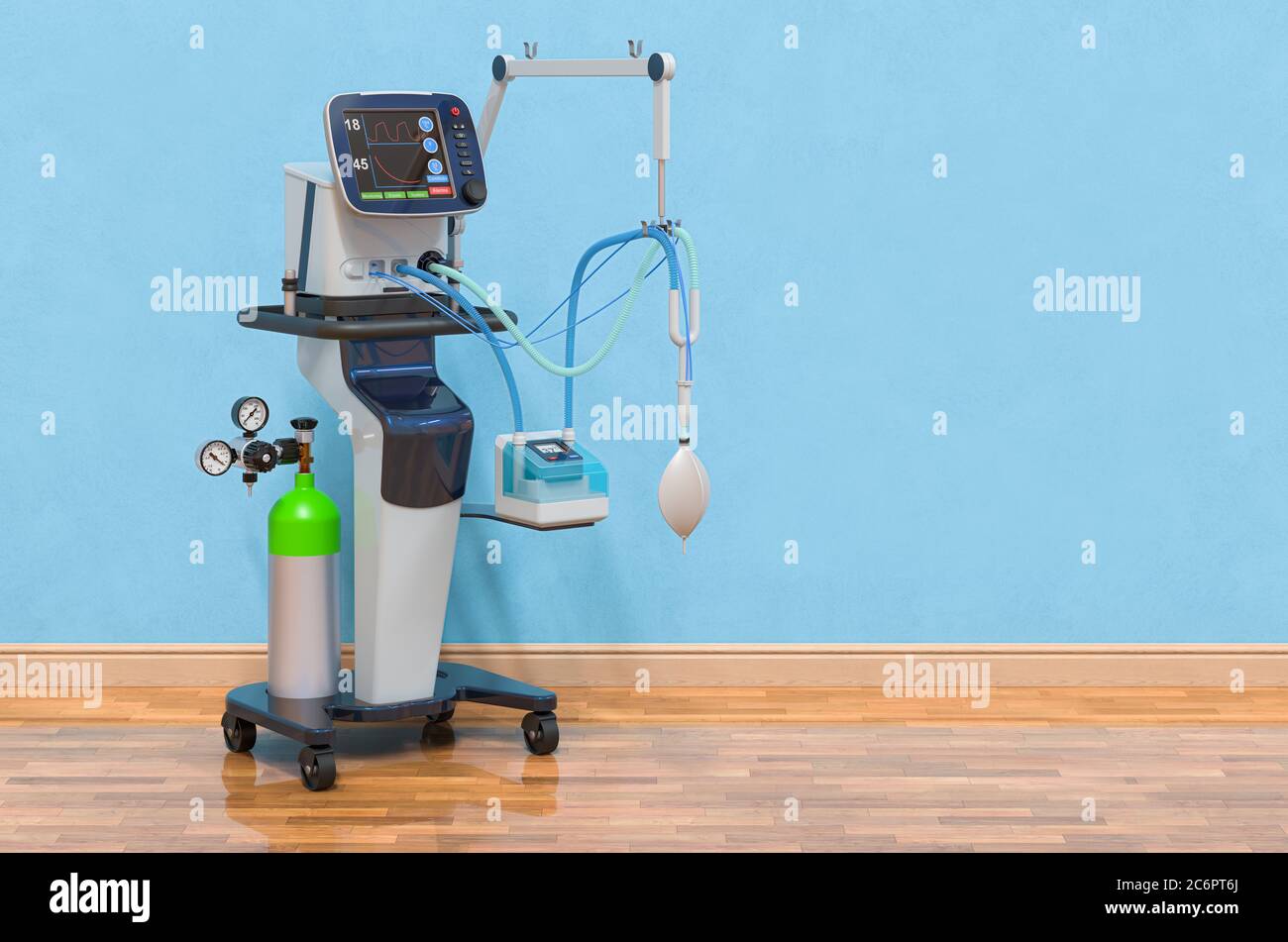 Medical ventilator in room near wall, 3D rendering Stock Photo