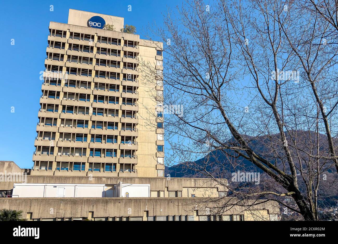 Lugano, Ticino, Switzerland - January 3, 2019: View of Lugano Civic Hospital EOC (Ospedale Civico), is part of the public Cantonal Hospital Corporatio Stock Photo