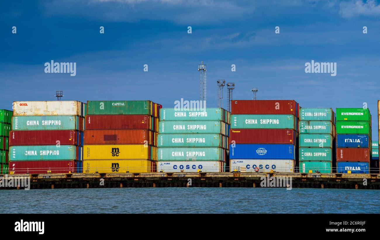 China UK Trade - China Shipping and Cosco containers unloaded at Felixstowe Port, UK Stock Photo