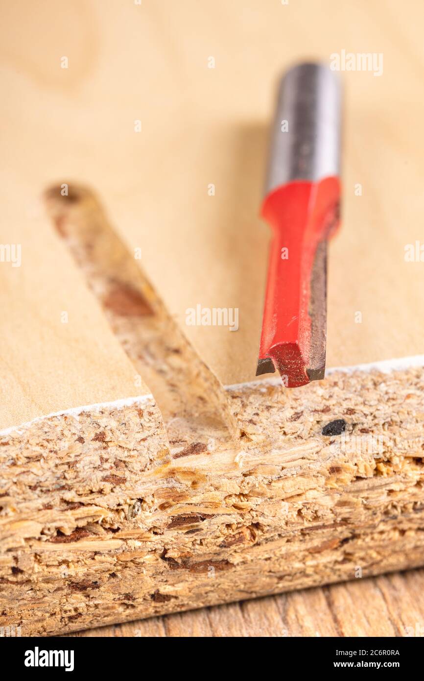 Face mill and chipboard groove. Joiner's accessories for small jobs. Workshops in the workplace. Stock Photo