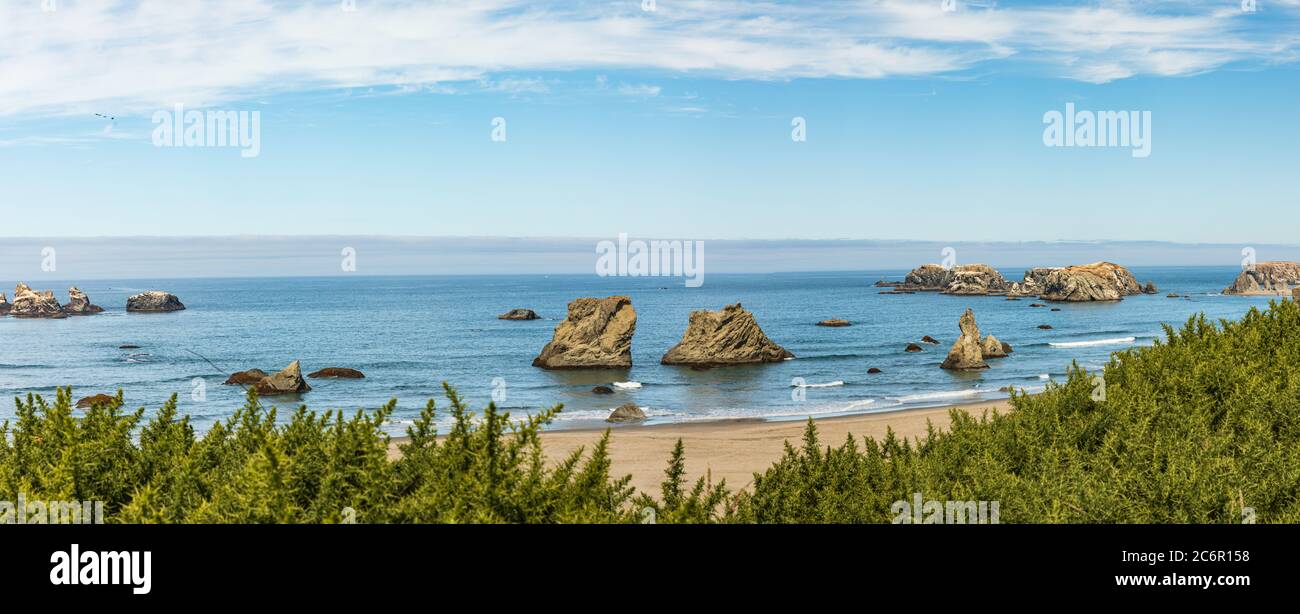Panorama view of sea stacks along Bandon Beach in Oregon Stock Photo ...