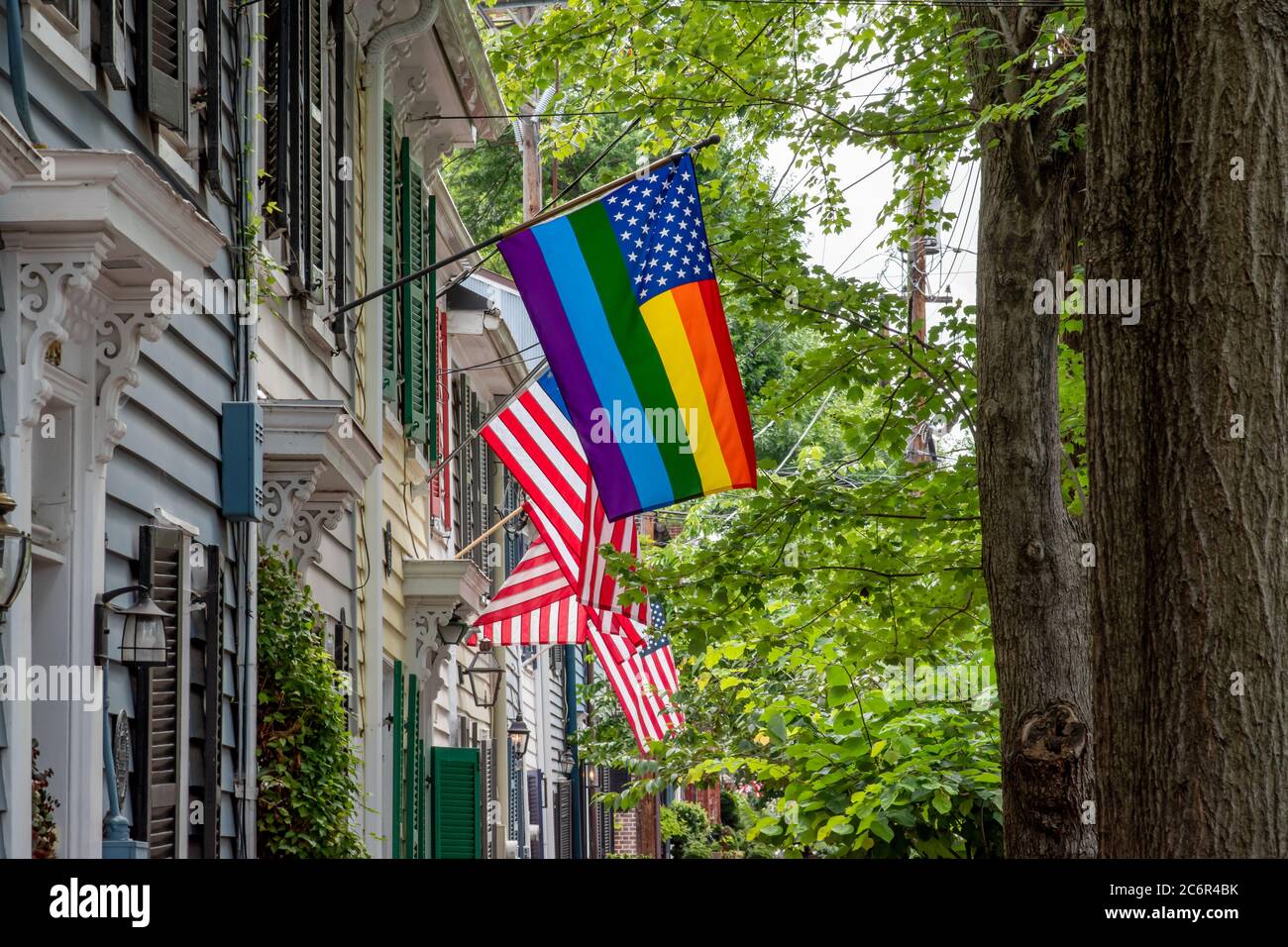 Old Town Alexandria, Virginia / USA July 11 2020 American flag fused