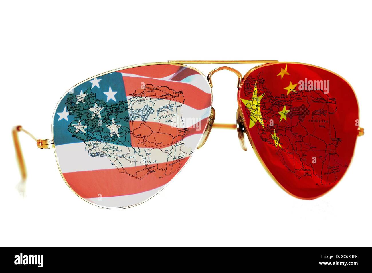 BELGRADE, SERBIA  December 17, 2017:Sunglasses with an American and Chinese flag and a map of Iran on white background Stock Photo