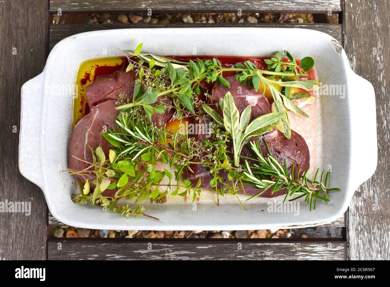 Wild boar marinated steaks Apply freshly picked garden herbs sage